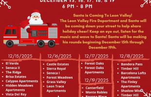 Red flyer with image of Santa riding on a fire truck showing list of streets and dates for Santa Run
