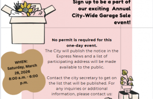 City Wide Garage sale flyer information with images of boxed items