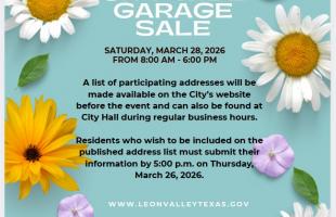 City wide garage sale notice on teal background with daisies