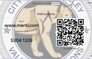 image of city seal with Mentimeter qr code and links to vote and view slides