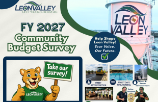 Community Budget Survey flyer with image of Leon Valley water tower, mountain lion and images for projects
