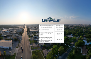 Tax Statement over aerial image of Leon Valley at Sunset of Bandera Road