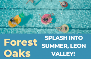 aerial image of pool with kids swimming and in inflatable tubes announcing opening of Forest Oaks Pool Memorial Weekend