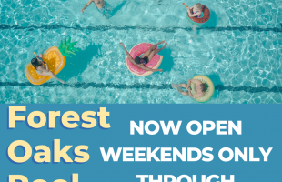 image of pool with people wading in tubes announcing Forest Oaks Pool new schedule