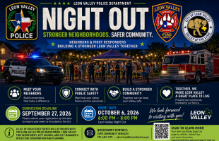 LVNO flyer with patches of Fire and Police and image of people gathered under canopy at night and information