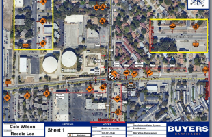 Notice for Wurzbach and Evers intersection closure with aerial image of map of detours and lane closures