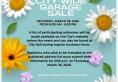 City wide garage sale notice on teal background with daisies