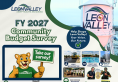 Community Budget Survey flyer with image of Leon Valley water tower, mountain lion and images for projects