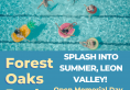 aerial image of pool with kids swimming and in inflatable tubes announcing opening of Forest Oaks Pool Memorial Weekend