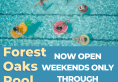 image of pool with people wading in tubes announcing Forest Oaks Pool new schedule